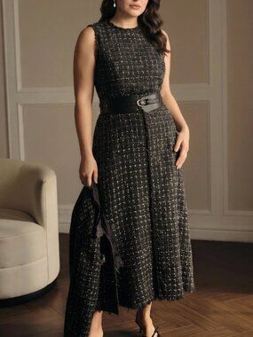 Dark Grey Elegant Women's Tweed Sleeveless Midi Dress